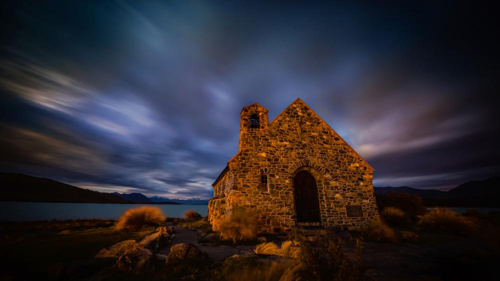Moody skies over the Church of the Good Shepherd, New Zealand wallpaper