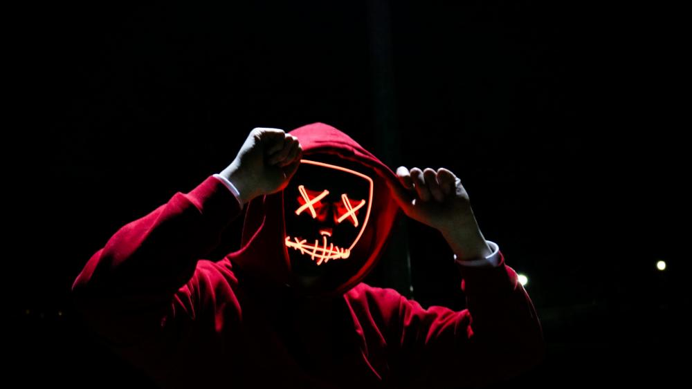 Red hoodie and red neon mask wallpaper