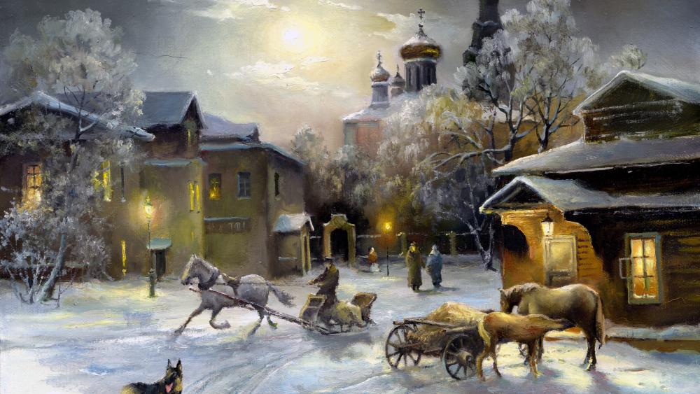 Vintage winter town wallpaper