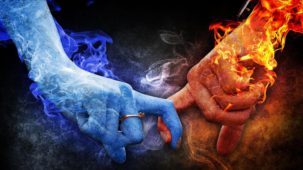 Fire and ice hand in hand wallpaper