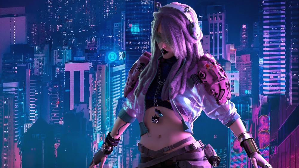 Cyberpunk girl in city wallpaper