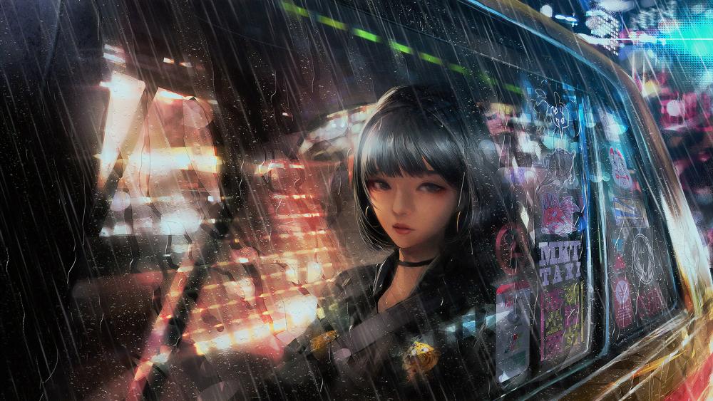 Anime girl in a taxi on a rainy night wallpaper