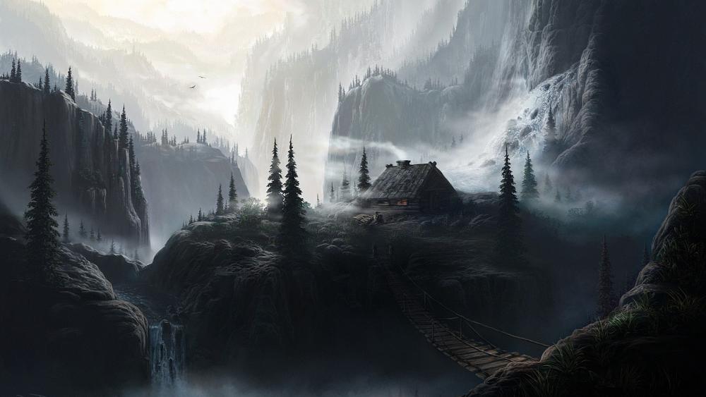 House in the misty mountains digital painting wallpaper