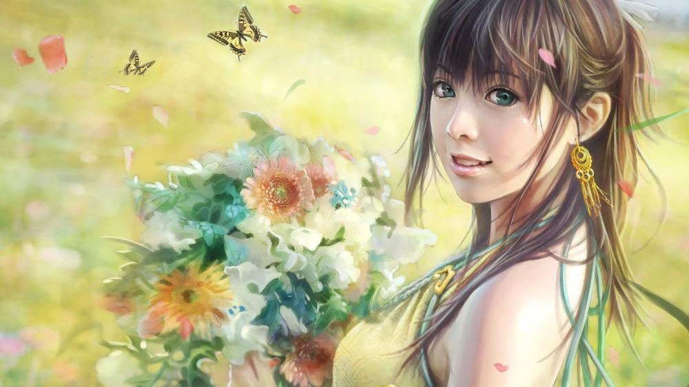 Oriental girl with a flower bouquet wallpaper