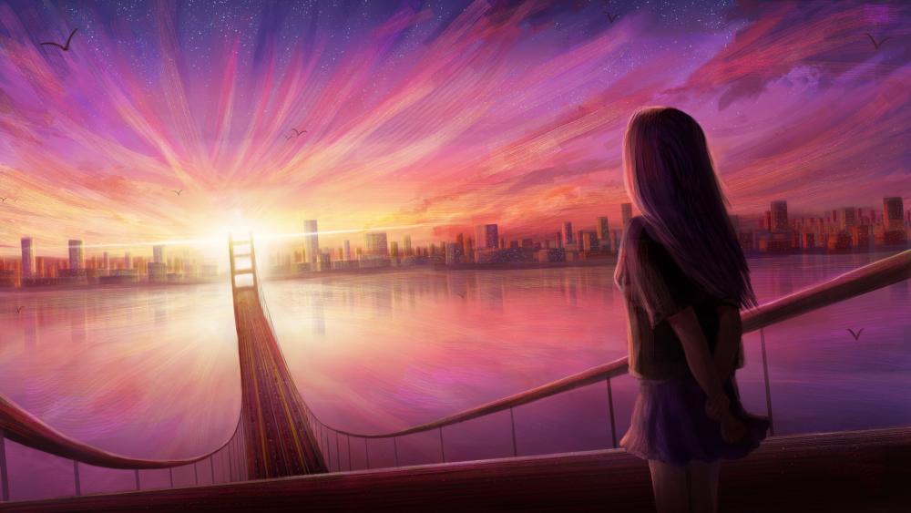 Anime Girl Watching Horizon Sunset Live Wallpaper - MoeWalls