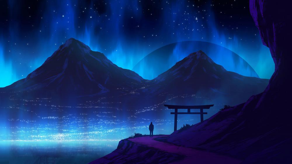 Blue Japanese digital landscape wallpaper