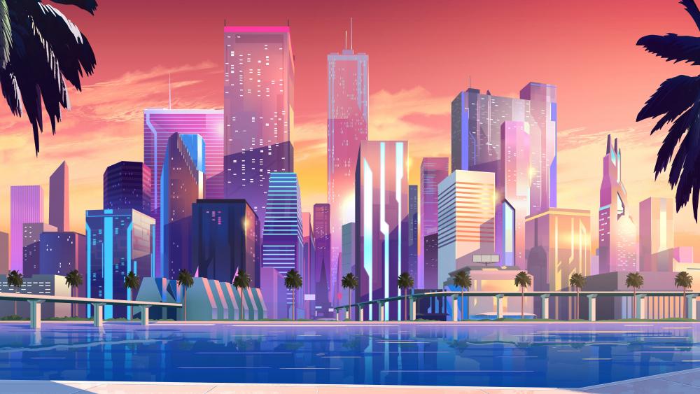 Synthwave vibrant cityscape wallpaper