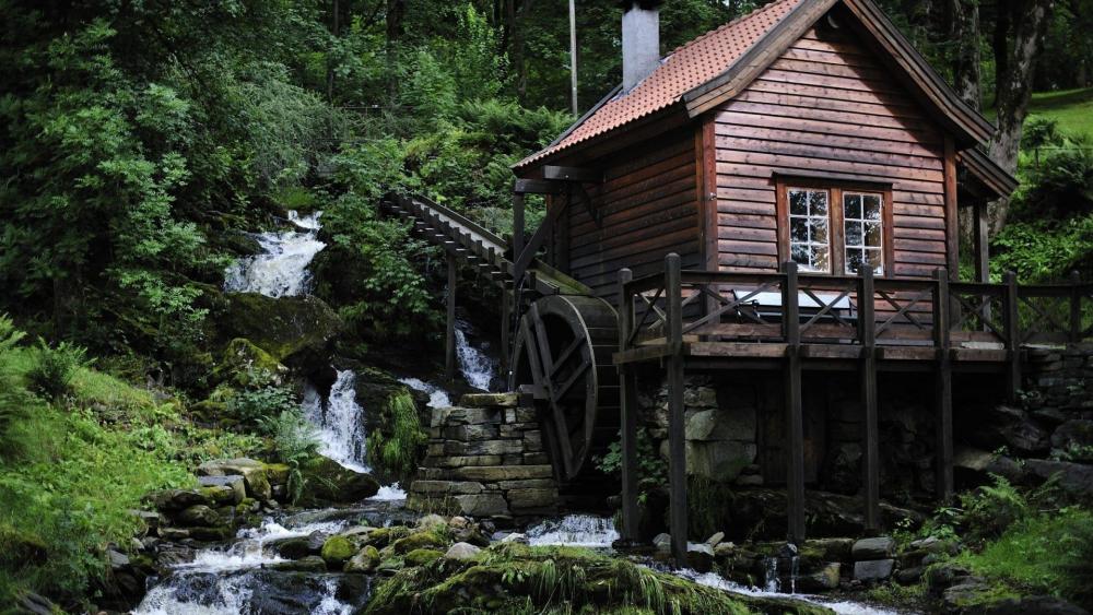 Watermill in the forest wallpaper
