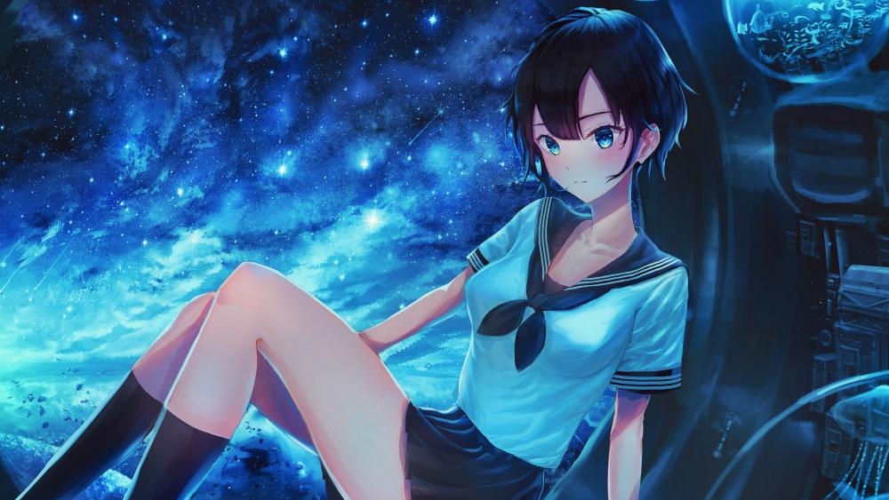 Anime schoolgirl in the space wallpaper