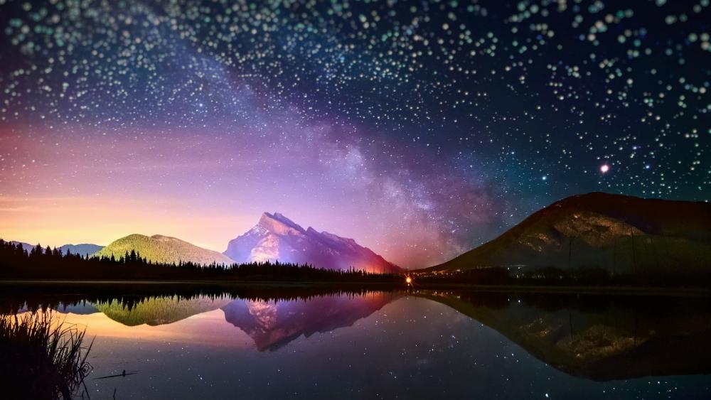 Starry sky over the Vermilion Lakes and the Mount Rundle wallpaper
