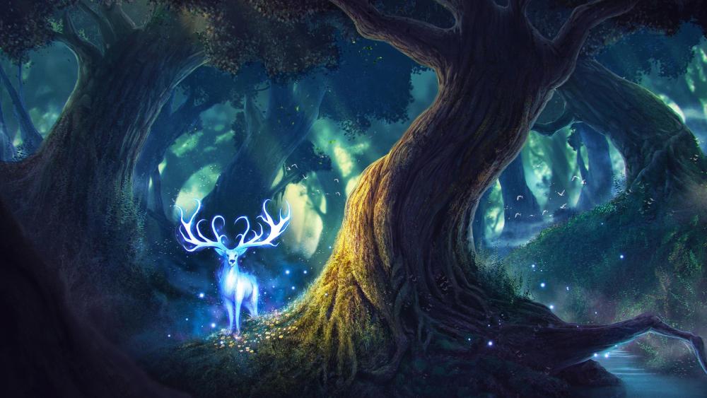 Stag in the forest - Fantasy art wallpaper