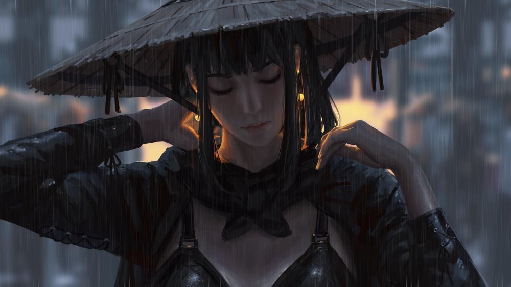 Japanese girl in the rain wallpaper