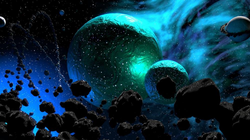 Planets surrounded by asteroids wallpaper