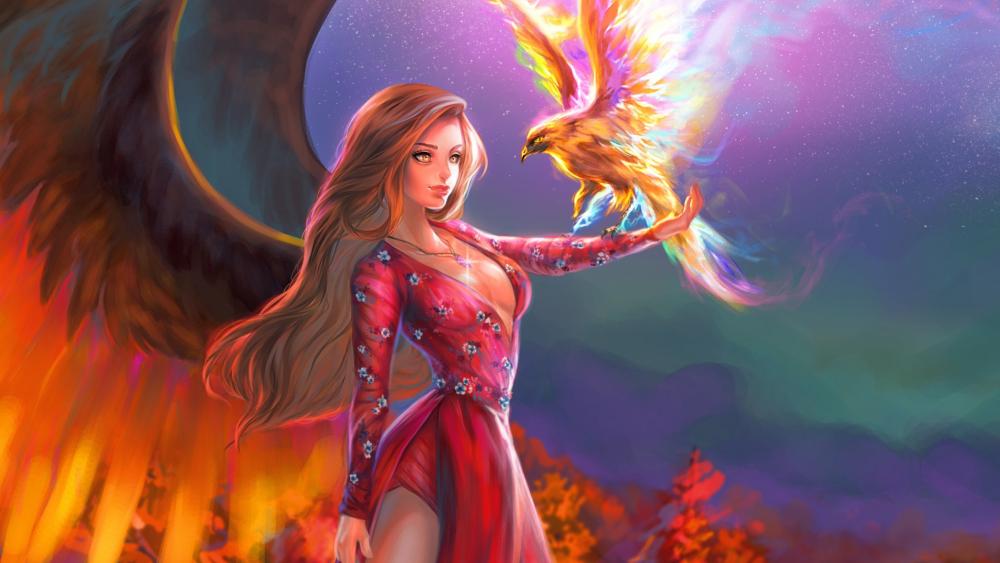 Angel with Phoenix wallpaper