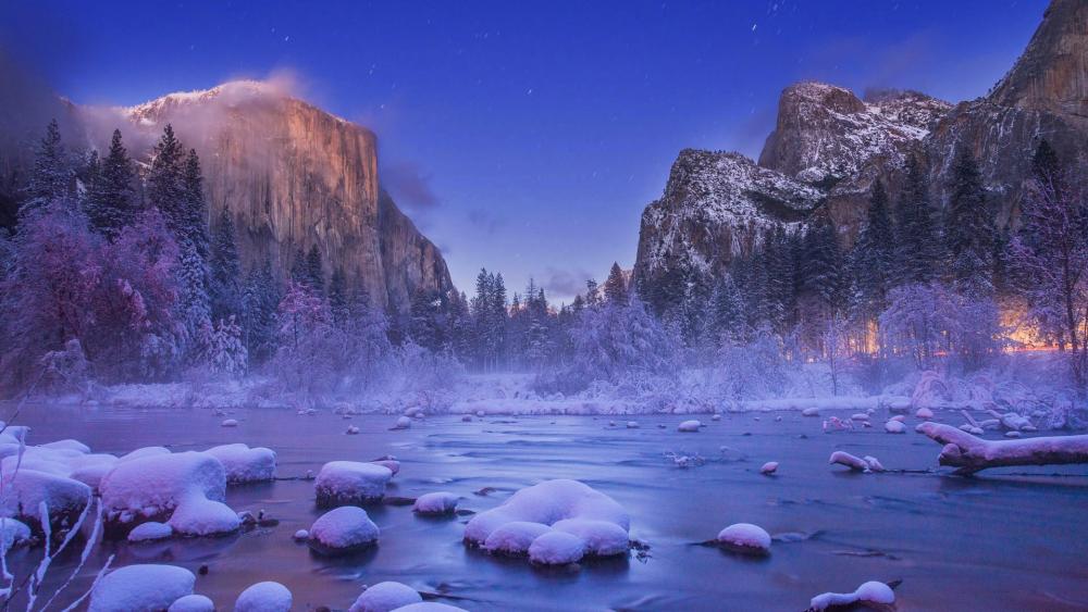 Yosemite in winter night wallpaper