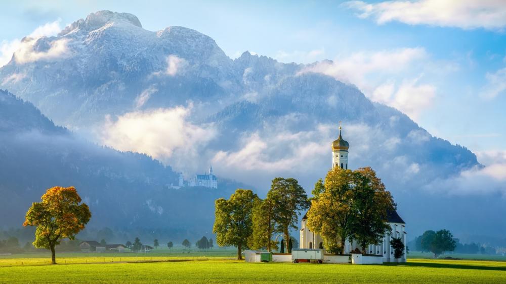 Pilgrimage Church of St. Coloman and the Neuschwanstein Castle on the background wallpaper