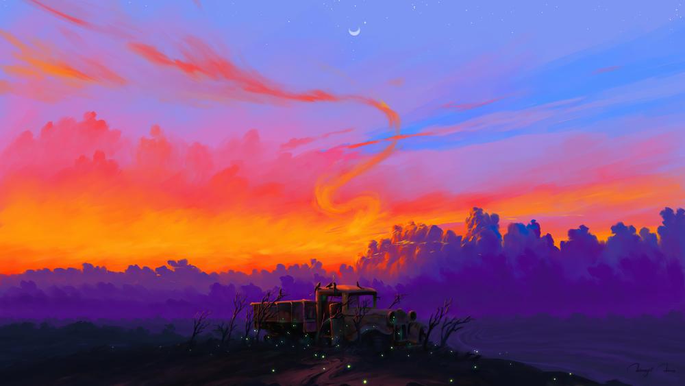 Abandoned truck at sunset digital art wallpaper