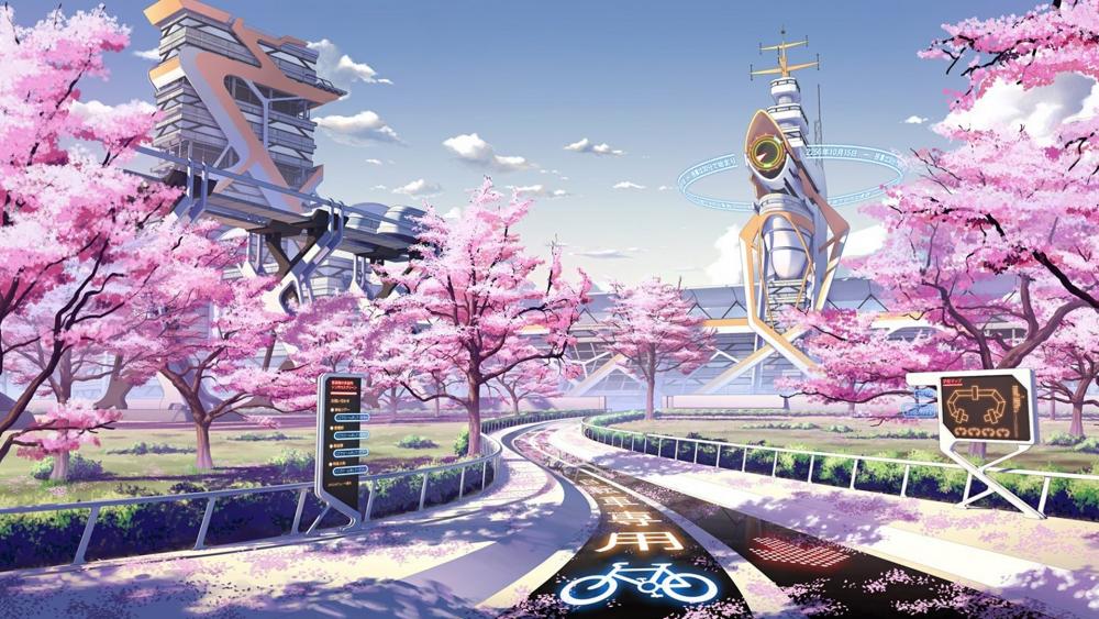Futuristic anime city with cherry blossoms wallpaper
