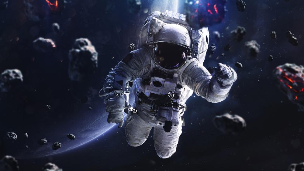 Astronaut floating around asteroids wallpaper