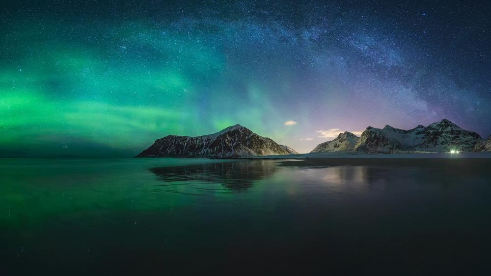 Lofoten aurora borealis and milky way wallpaper