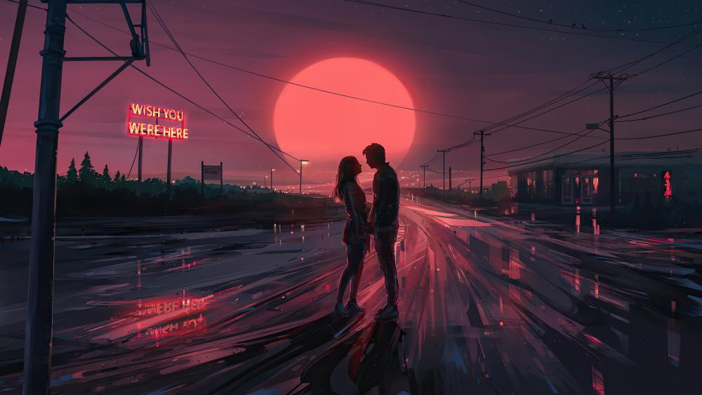Wish you were here - Couple in the sunset illustration wallpaper