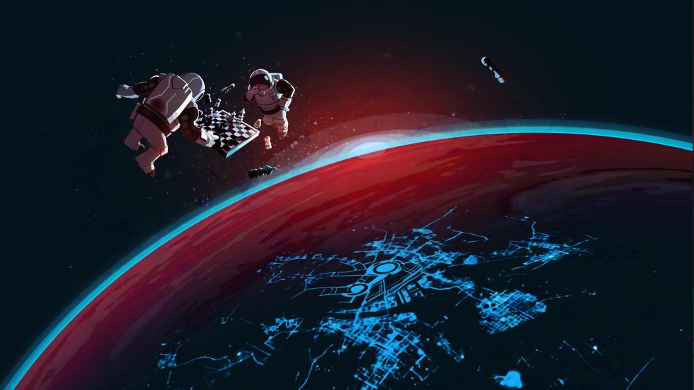 Astronauts playin chess in space wallpaper