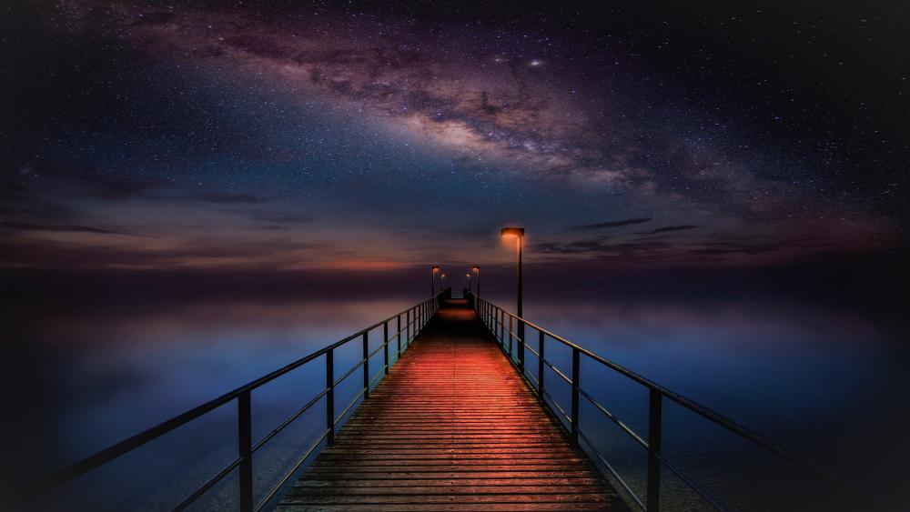 Pier on a starry night wallpaper