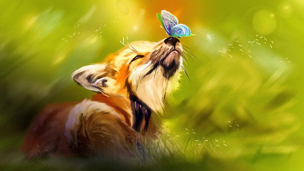 Fox with butterfly on nose wallpaper