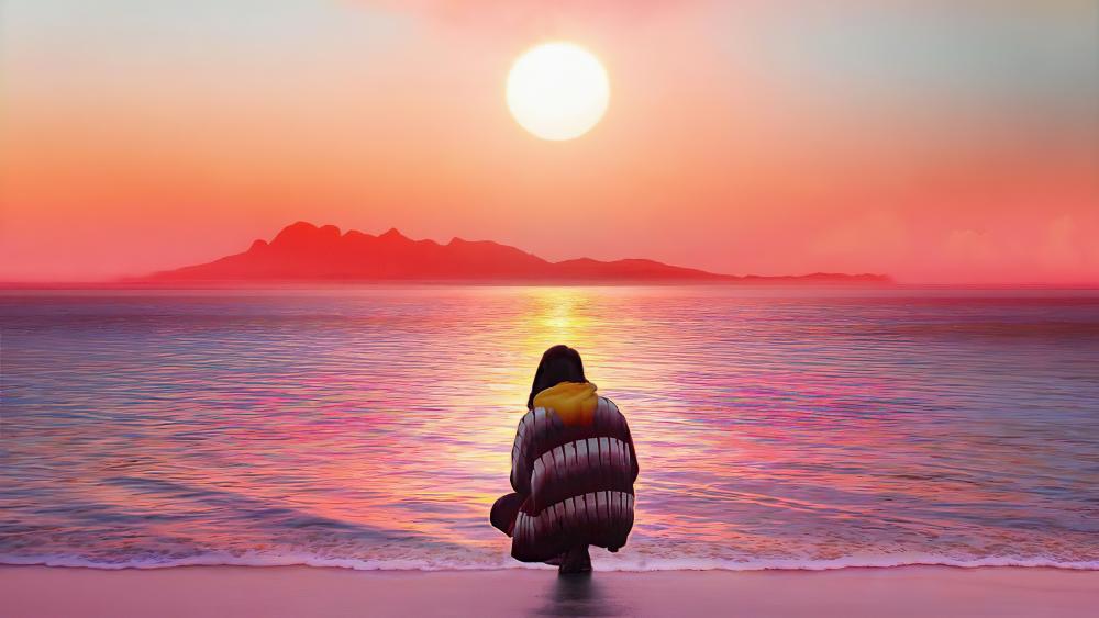 Girl on  the  beach  watching  the  sunset wallpaper