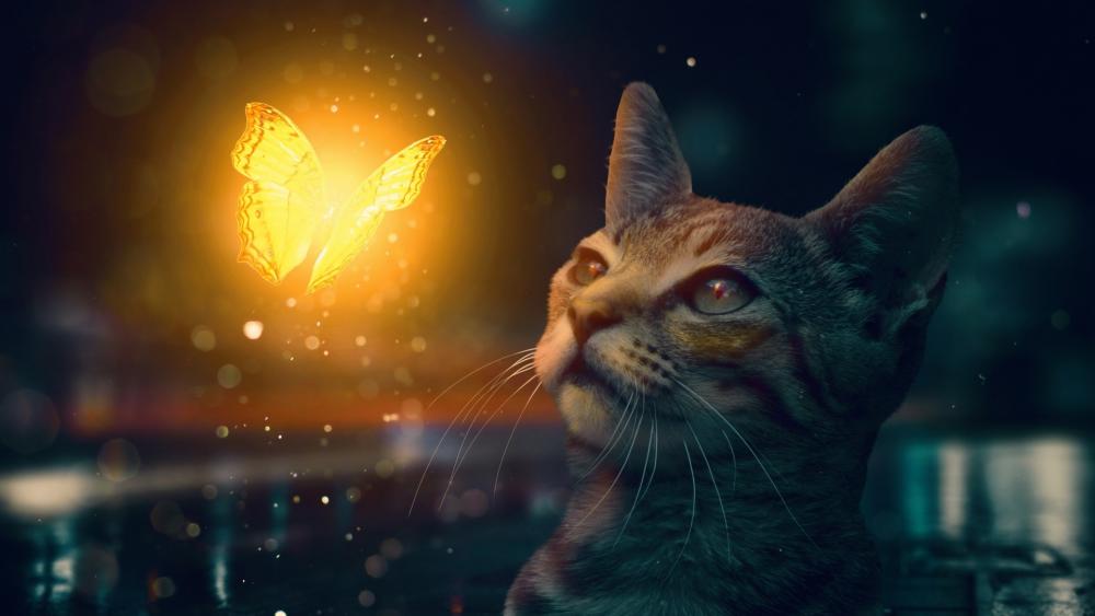 Cat with a glowing butterfly wallpaper