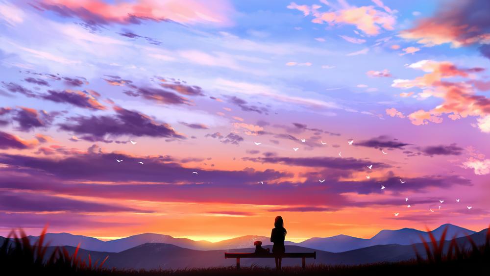 Girl with dog watching the sunset digital art wallpaper