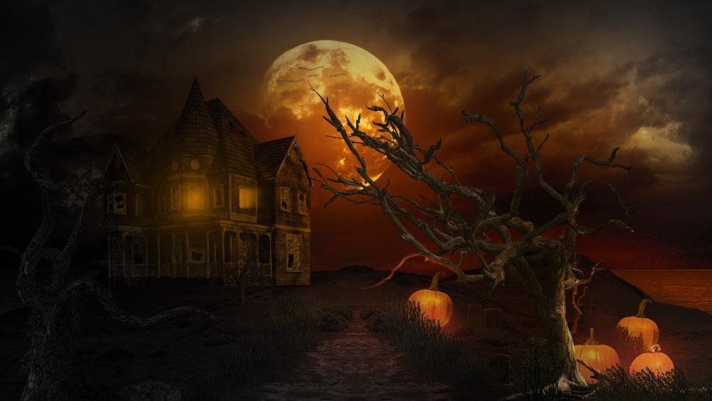 Haunted house on Halloween night wallpaper