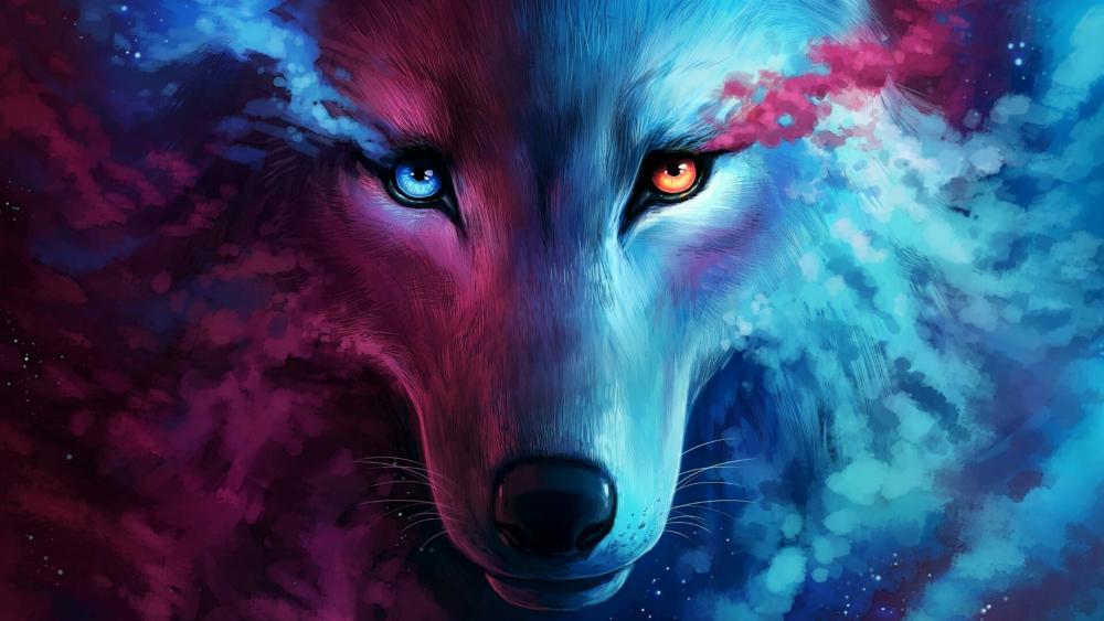 Blue and red wolf wallpaper