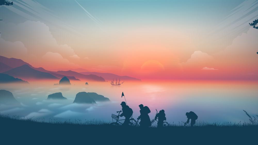 Bicycling in sunrise wallpaper