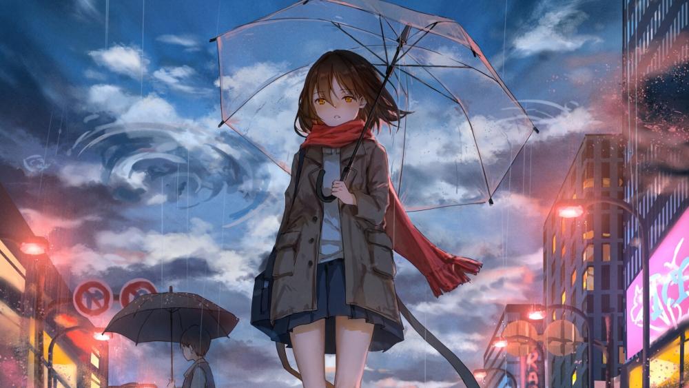 Sad lonely anime girl walking alone in the rainy afternoon wallpaper