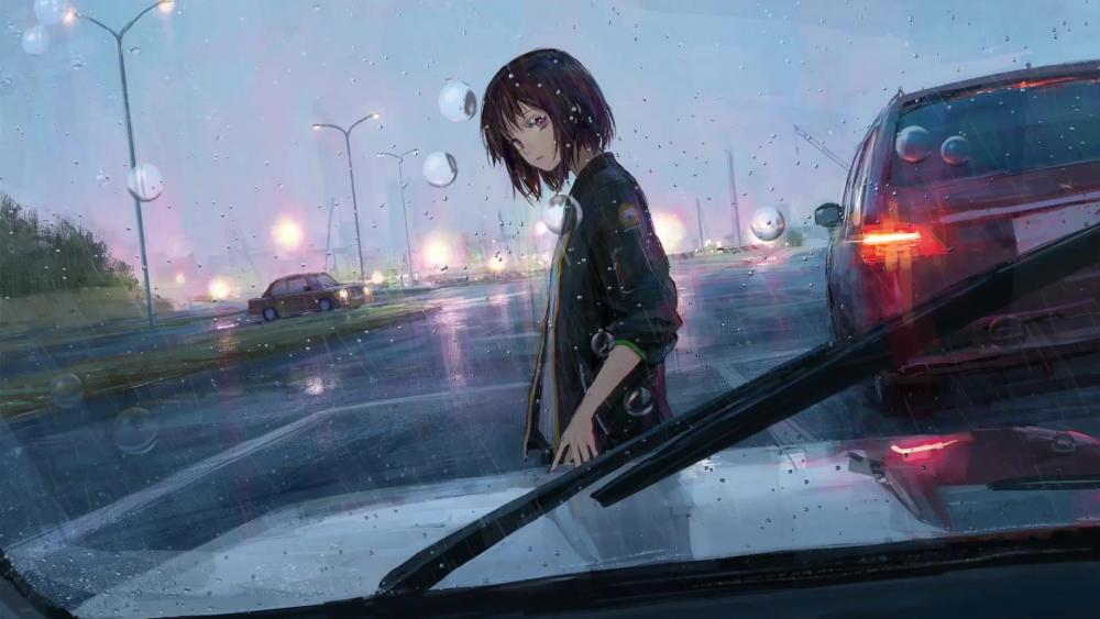 Sad anime girl in the rain wallpaper