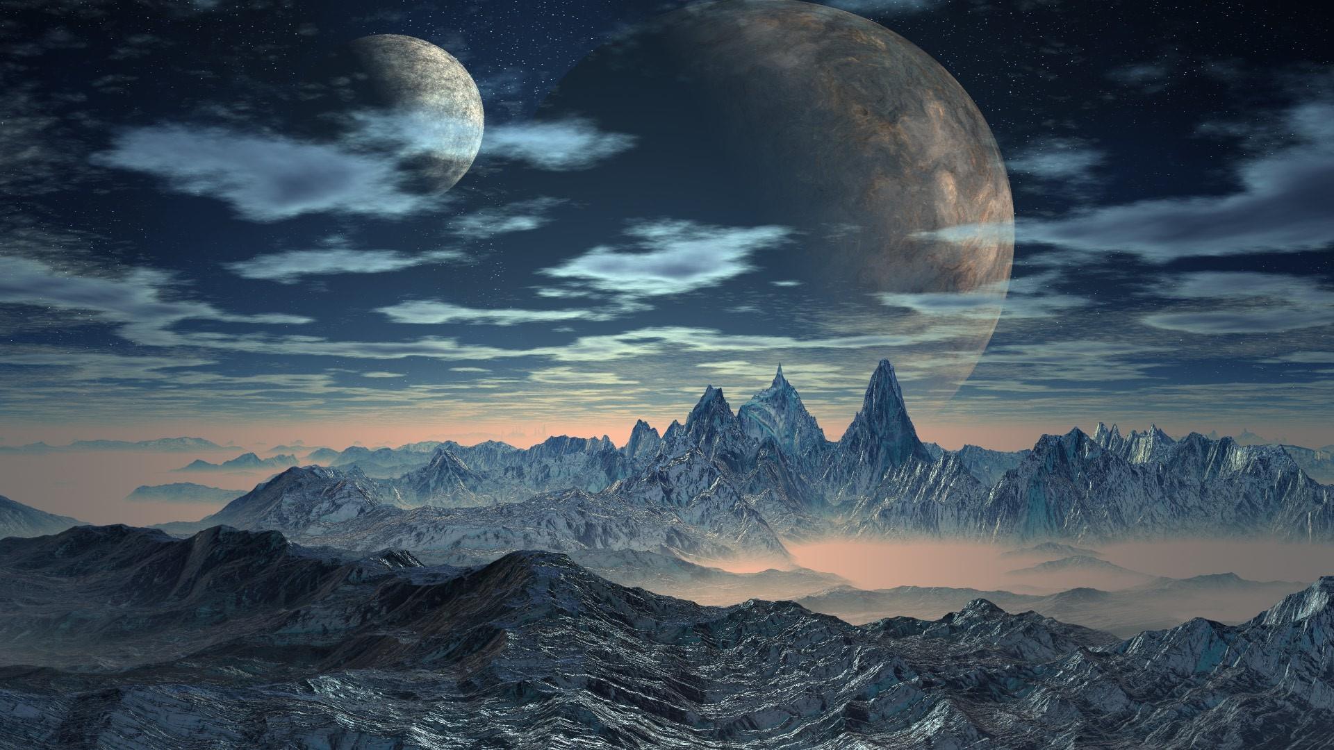 Mountain range with two huge moon - Fantasy art wallpaper - backiee