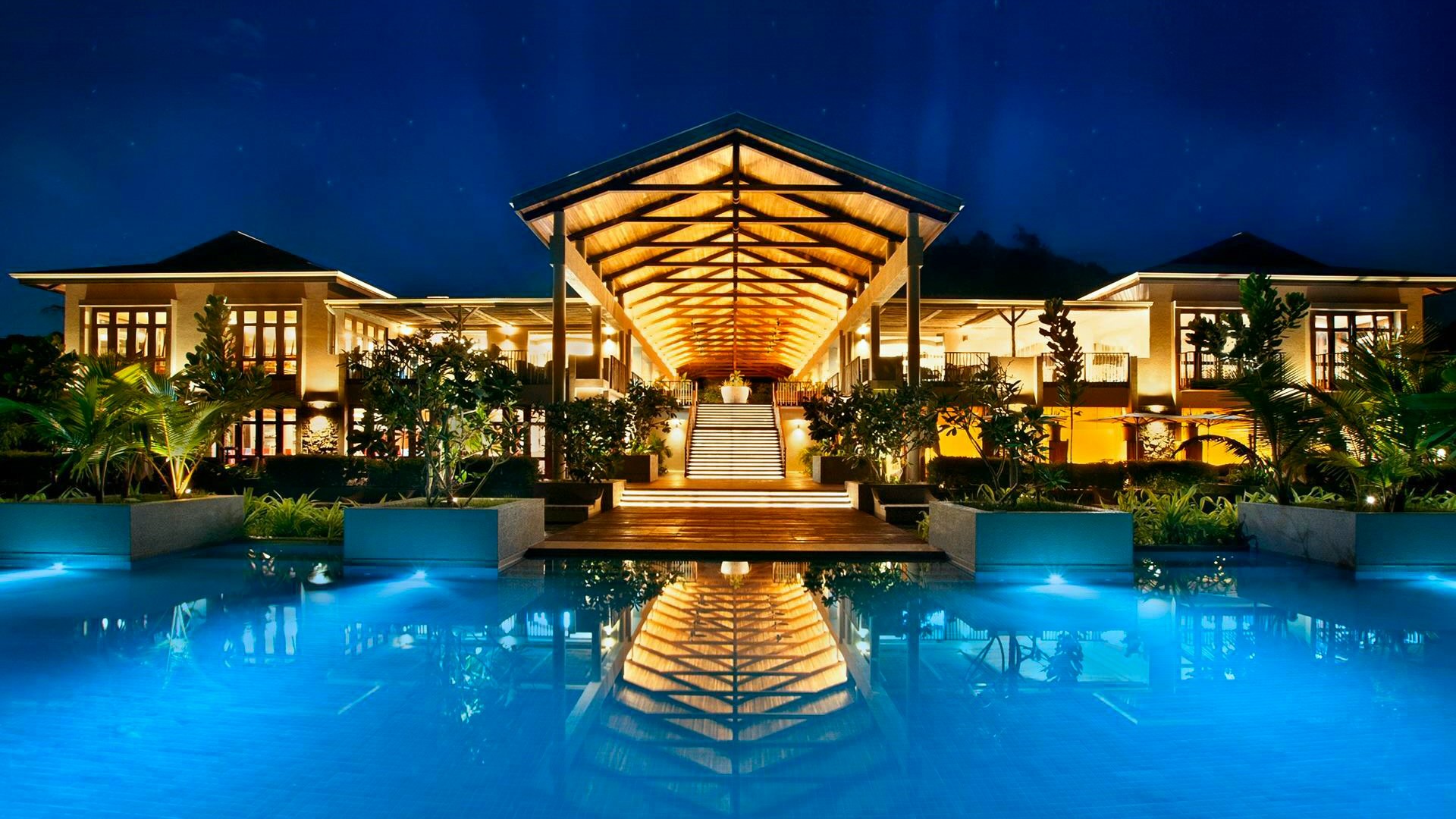 Fascinating swimming pool at night - Seychelles wallpaper - backiee