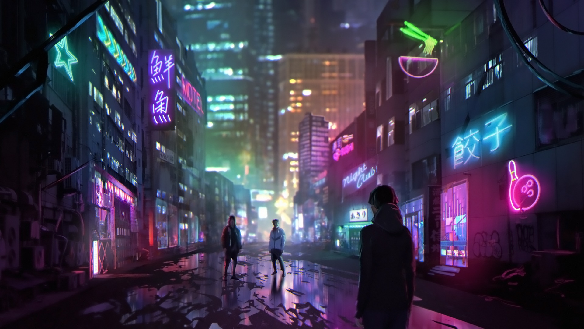 futuristic city night anime