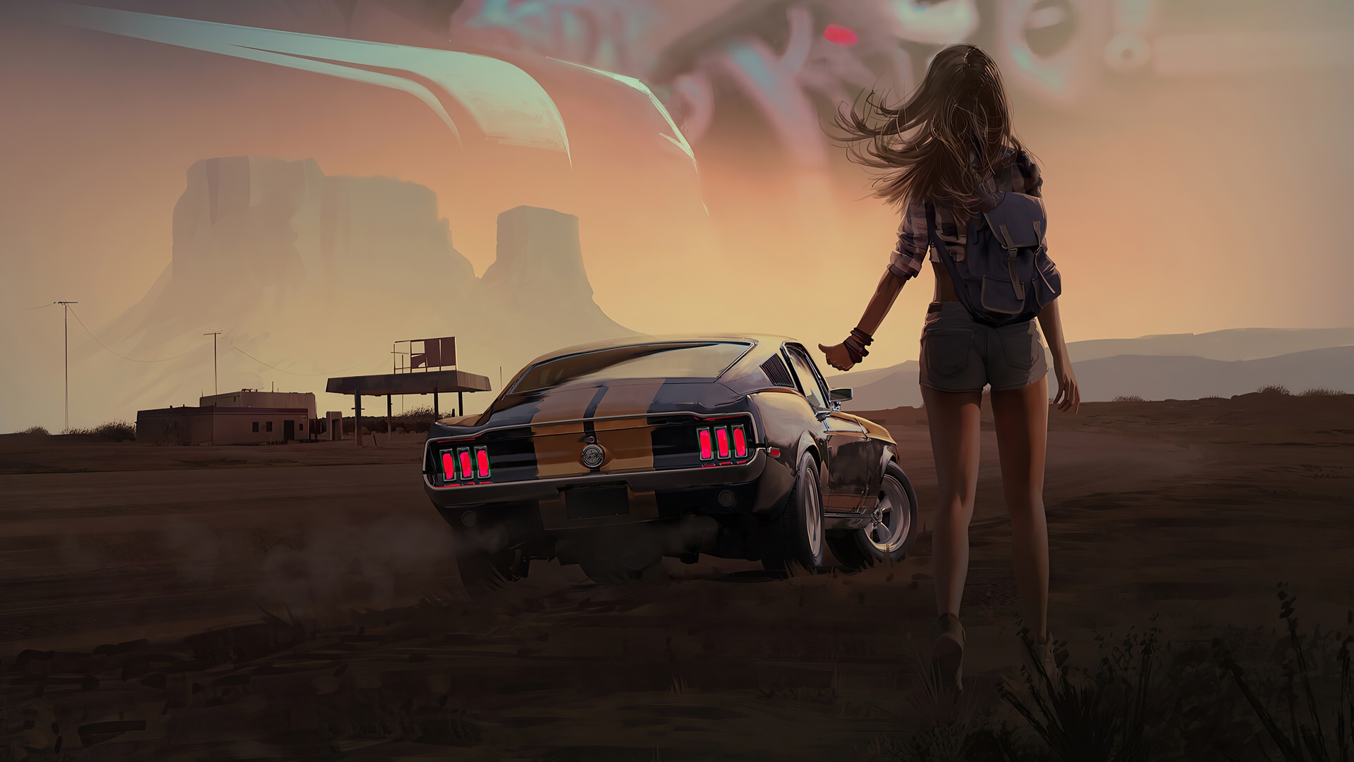 Hitchhiker anime girl and a Mustang wallpaper - backiee