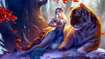 Fantasy girl and her big cat friend wallpaper