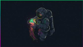 Cosmonaut with neon jellyfish digital art wallpaper