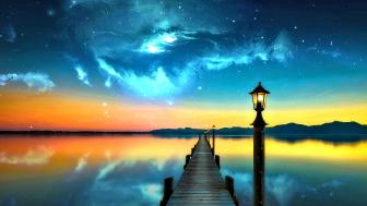 Pier sith a street lantern fantasy landscape wallpaper