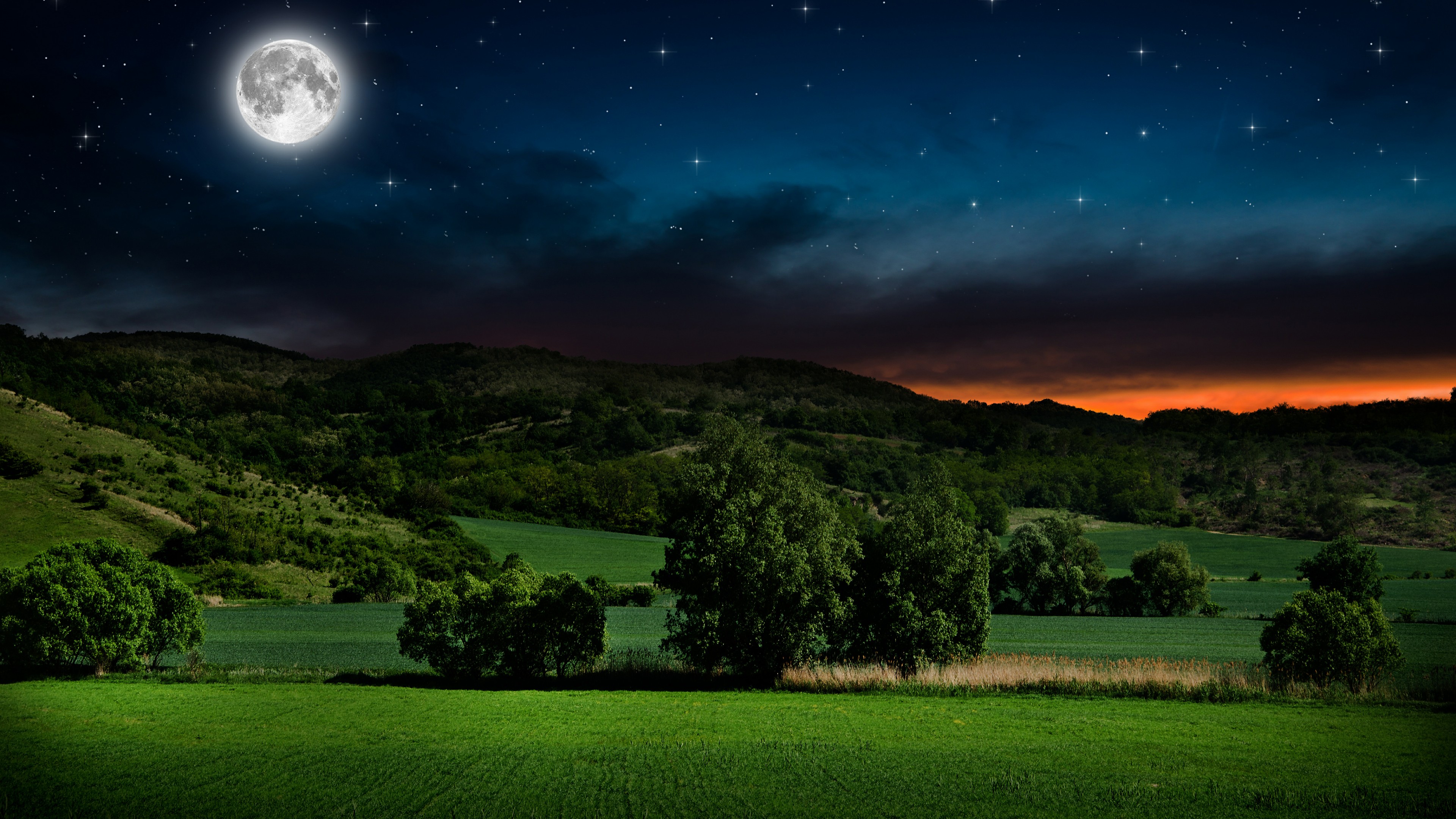 Full moon on the starry sky above the green hills wallpaper - backiee