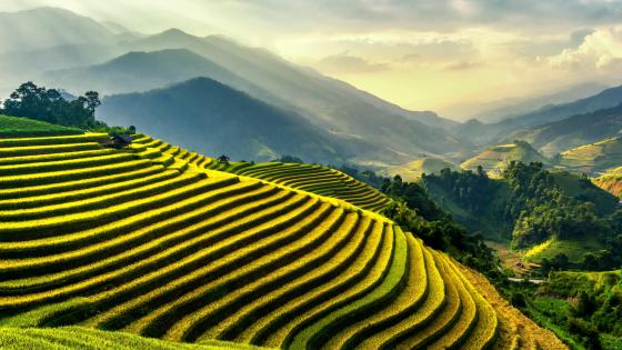 Fabulously beautiful view from the terrace to the mountain waterfall. Photo  wallpapers, Wallpaper on the wall. Stock Photo | Adobe Stock