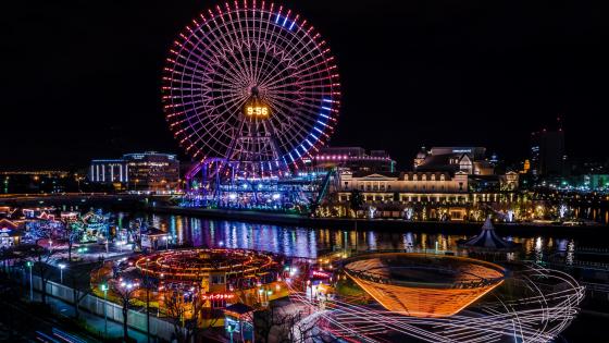 Wallpaper Japan, Yokohama, Kanagawa Prefecture, city at night, ferris  wheel, skyscrapers, lights 1920x1200 HD Picture, Image