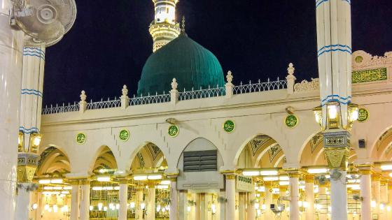 Download Madina Prophet's Mosque Illuminated Green Wallpaper | Wallpapers .com