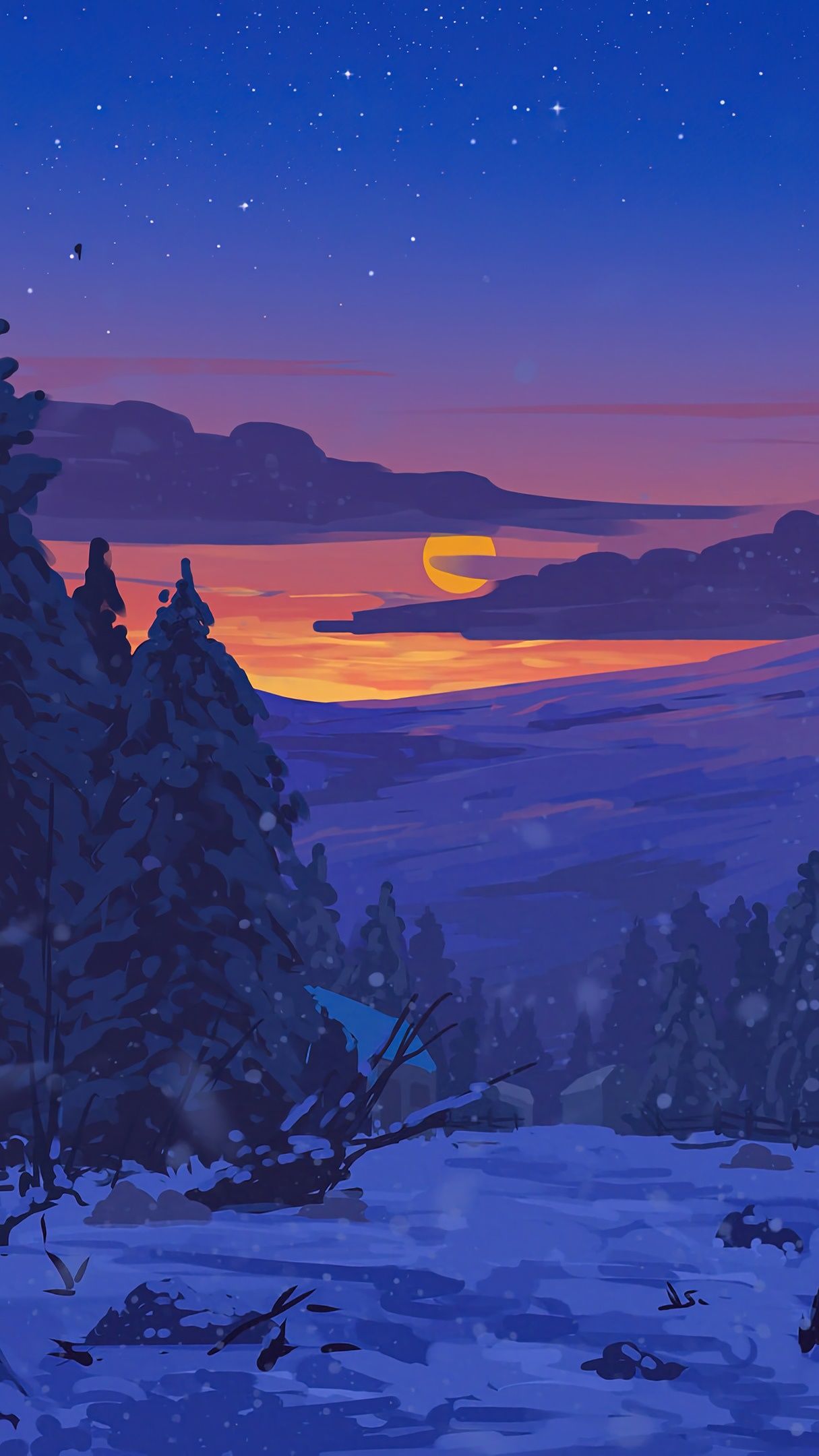 Sunset in snowy landscape digital art - backiee