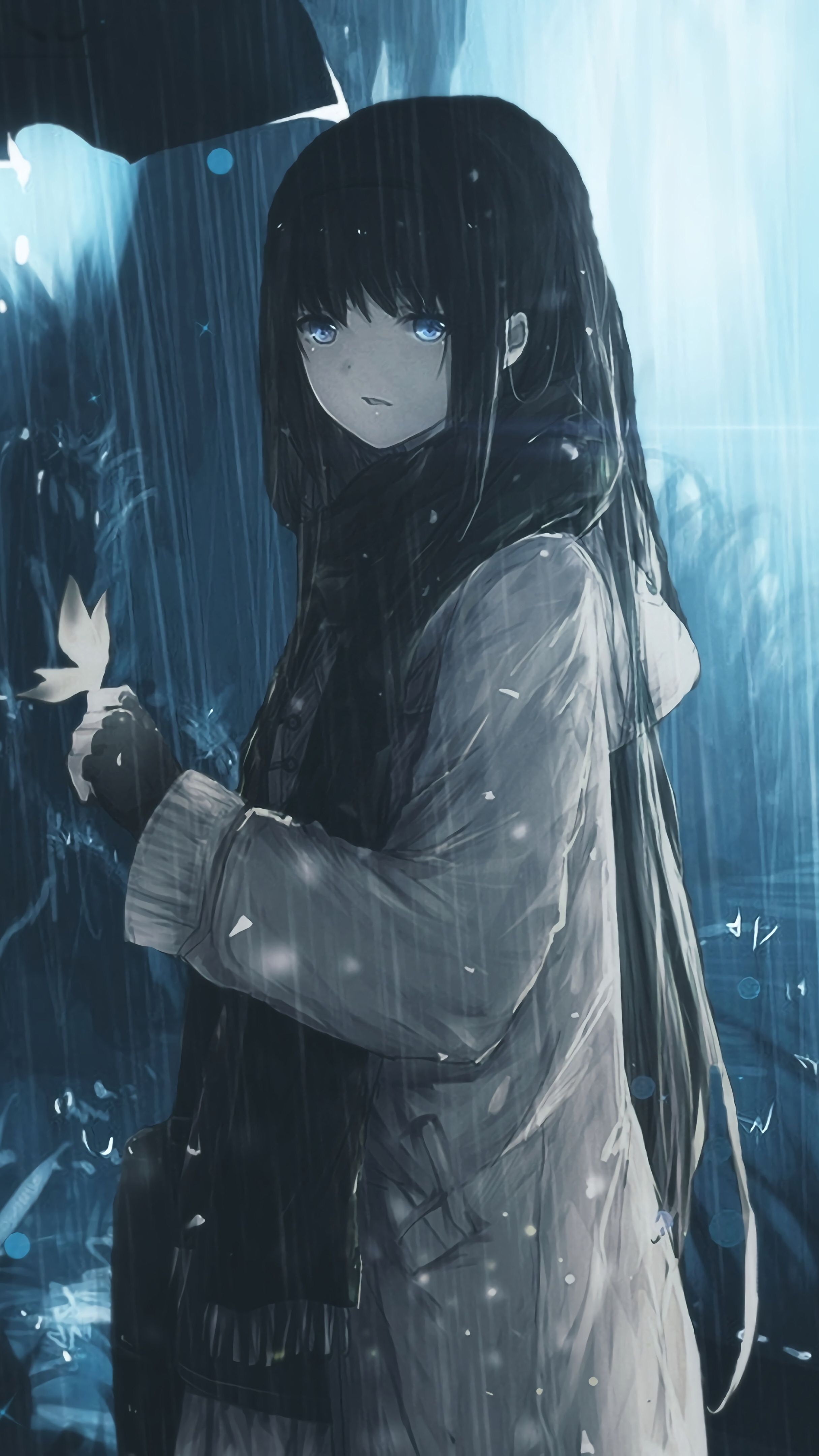 Sad Anime Girl in Rain - backiee