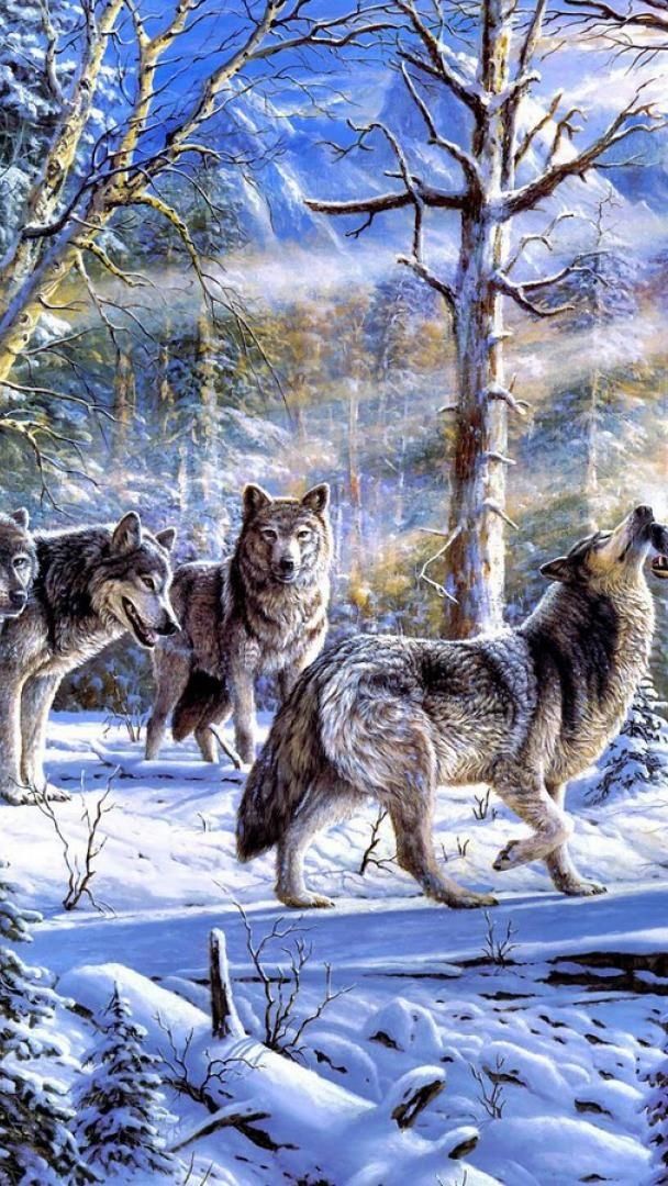 Pack of wolves in the snowy forest - Painting art wallpaper - backiee